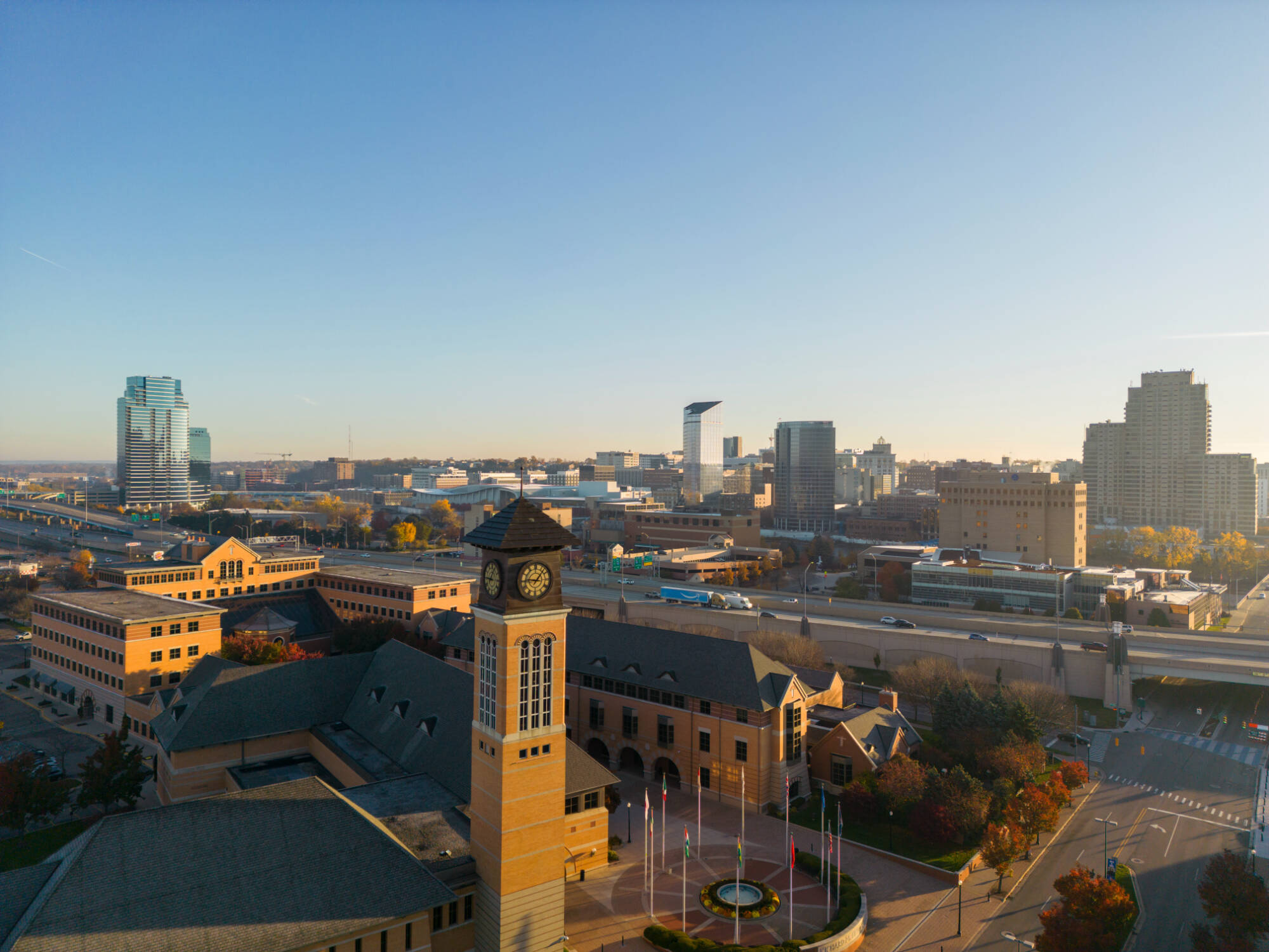 Robert C. Pew Grand Rapids Campus aerial with Grand Rapids in the background.